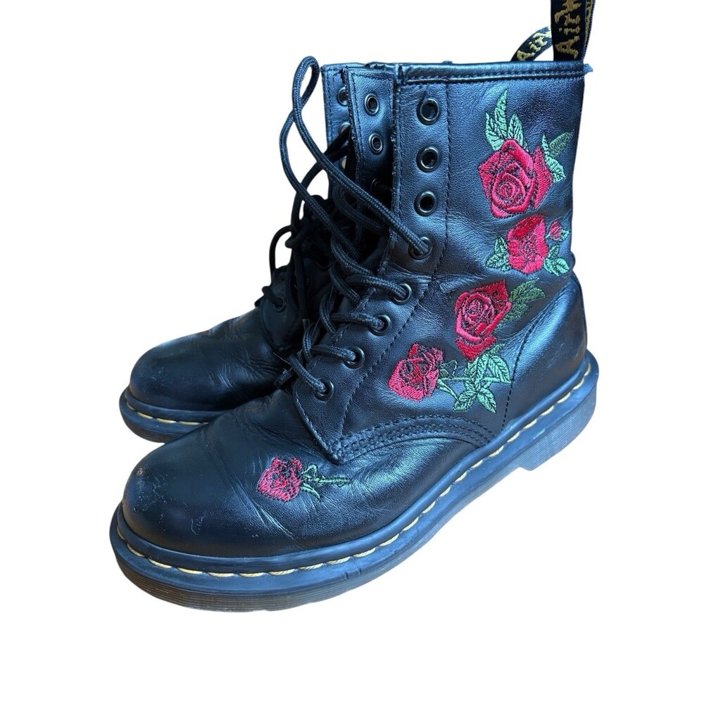 Dr. Martens Boots Womens 7 Black Red 1460 Vonda Floral Leather Lace Up Combat